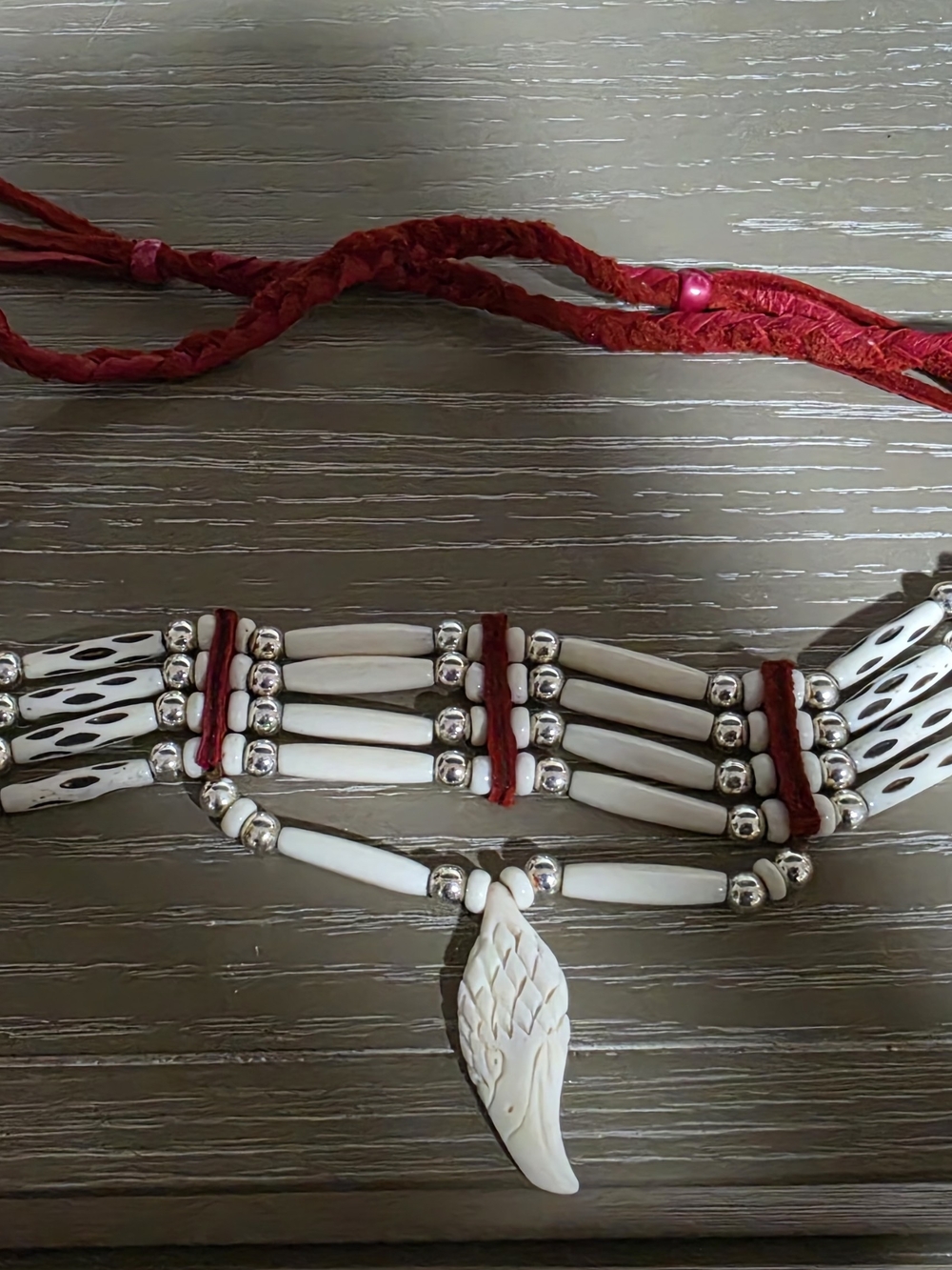 White Beaded Wing Pendant Choker Necklace with Red Accents